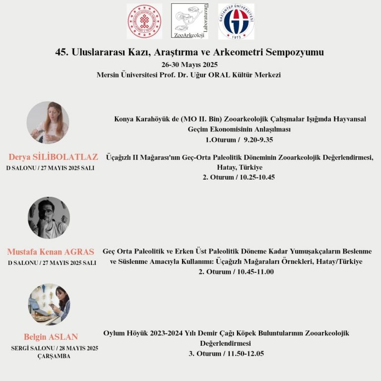 45. Uluslararası Kazı, Araştırma ve Arkeometri Sempozyumu 26-30 Mayıs 2025 tarihleri arasında Kültür ve Turizm Bakanlığı (Kültür Varlıkları ve Müzeler Genel Müdürlüğü) ve Mersin Üniversitesi iş birliğinde Mersin Üniversitesi Prof. Dr. Uğur ORAL Kültür Merkezinde yapılacaktır. Sempozyum dahilinde laboratuvar ekip üyelerimiz ile dört farklı sunum başlığı ile sempozyumda yer alacağız.
