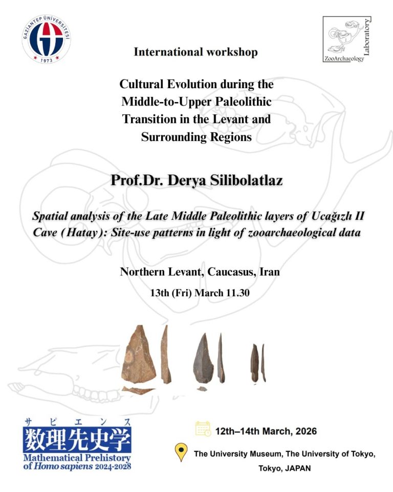 Japonya, Tokyo’da düzenlenecek olan “Levant ve Çevre Bölgelerde Orta Paleolitik’ten Üst Paleolitik’e Geçiş Sürecinde Kültürel Evrim” toplantısında, Prof. Dr. Derya Silibolatlaz, “Spatial analysis of the Late Middle Paleolithic layers of Ucağızlı II Cave (Hatay): Site-use patterns in light of zooarchaeological data” başlıklı sunumuyla yer alacaktır. Hocamıza başarılar dileriz.